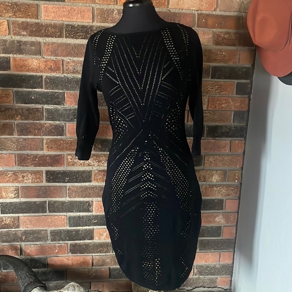Calvin Klein Laser Cut Black Longsleeve Dress L - Picture 1 of 4